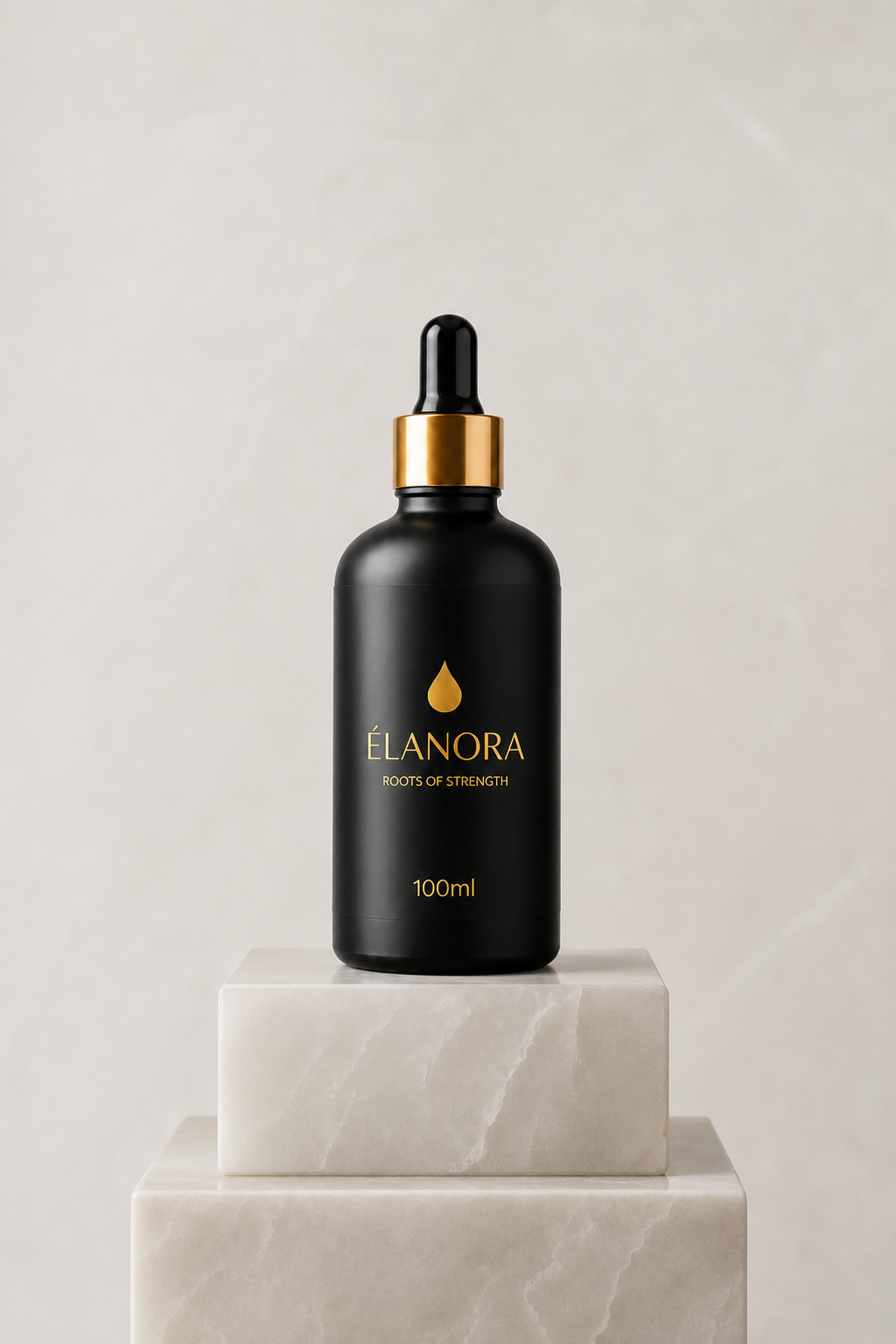 Élanora 100 mL botanical scalp and hair oil in a black glass dropper bottle